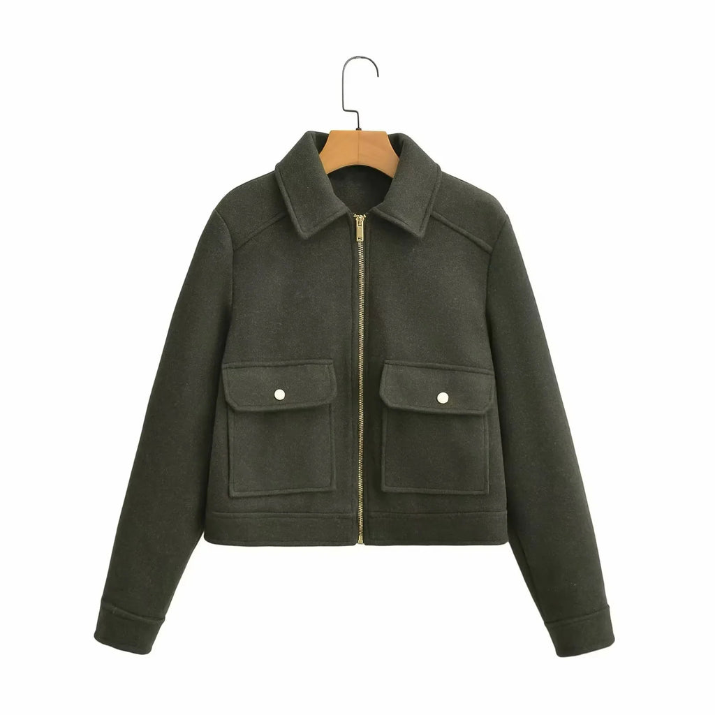 Cropped Brushed Zip Front Utility Jacket - Green