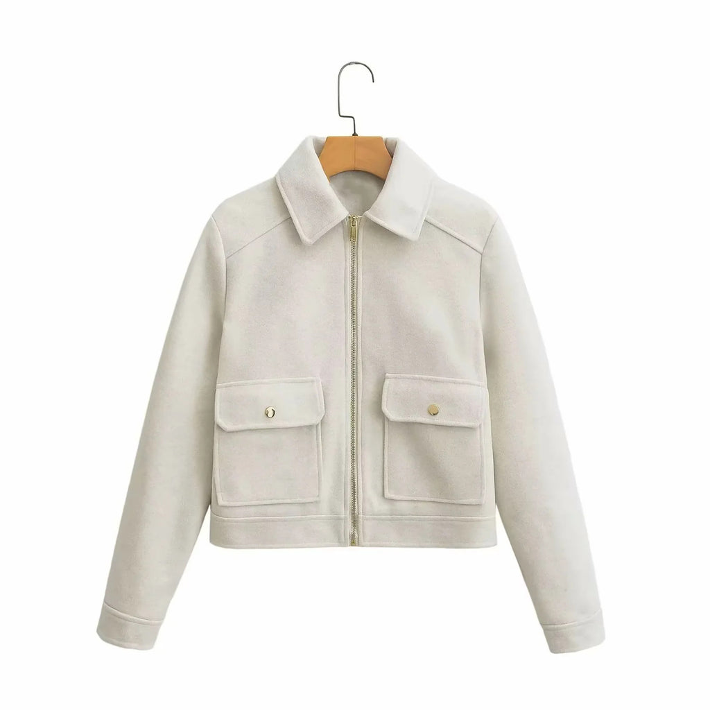 Cropped Brushed Zip Front Utility Jacket - White