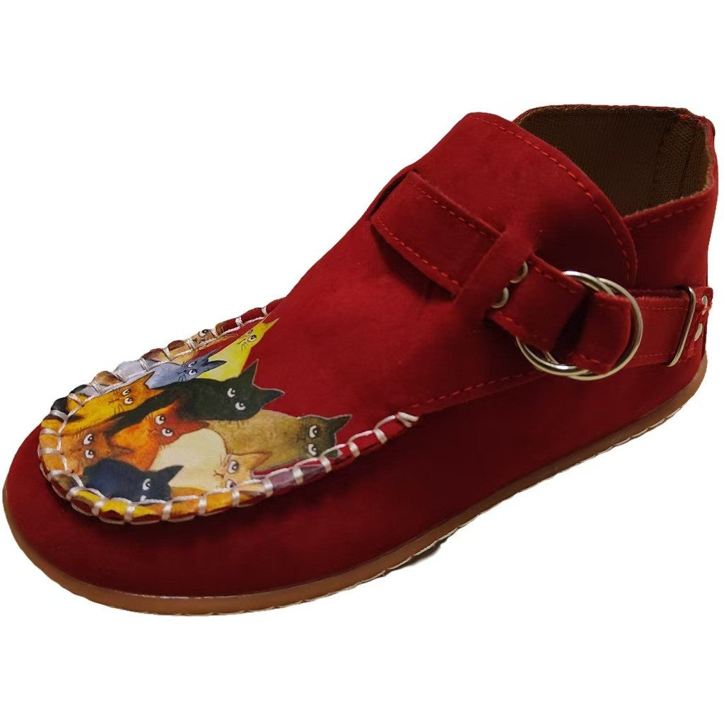 Cat Print Faux Suede Moccasin Ankle Booties - Red