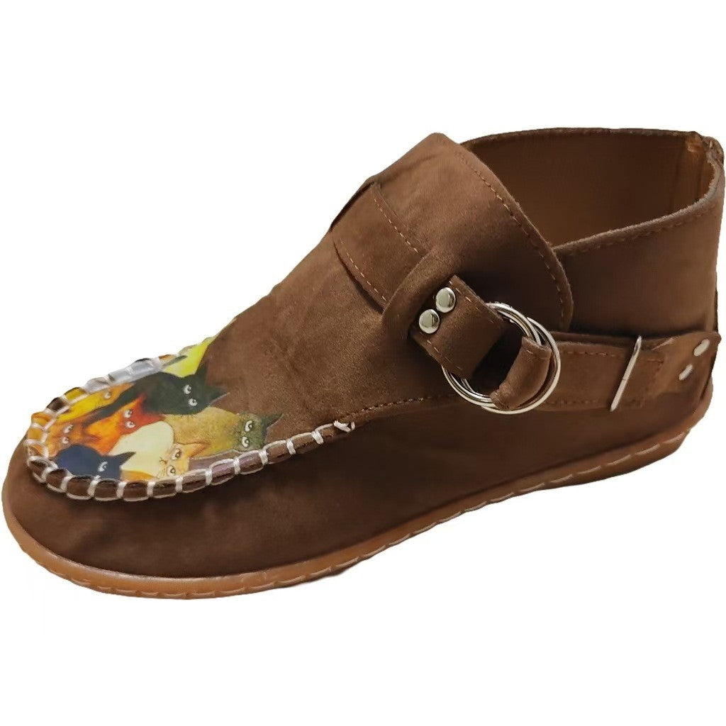 Cat Print Faux Suede Moccasin Ankle Booties