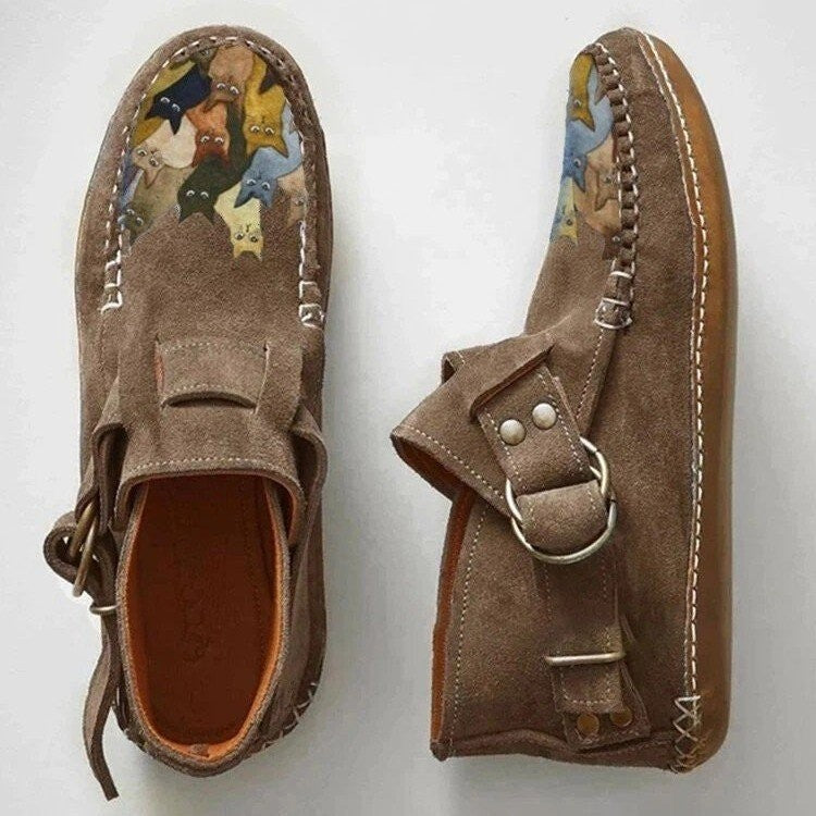 Cat Print Faux Suede Moccasin Ankle Booties