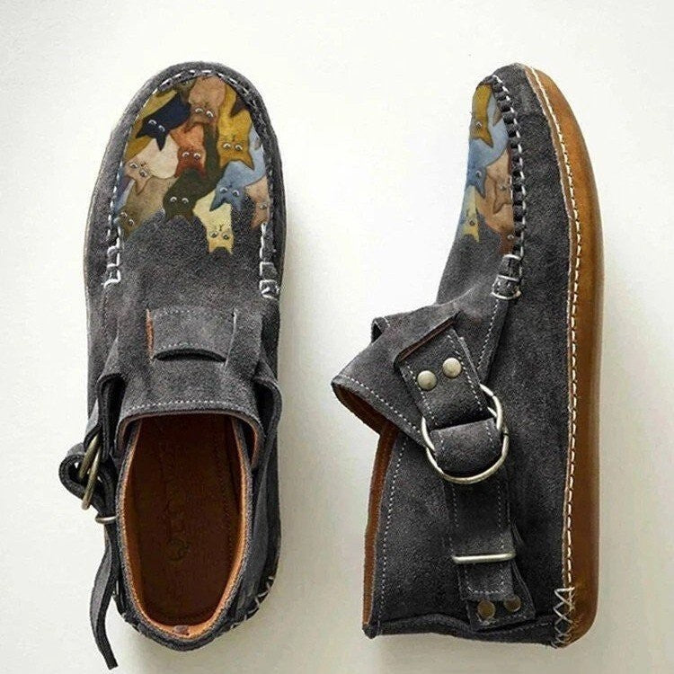 Cat Print Faux Suede Moccasin Ankle Booties