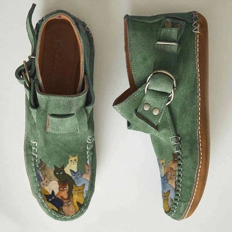 Cat Print Faux Suede Moccasin Ankle Booties