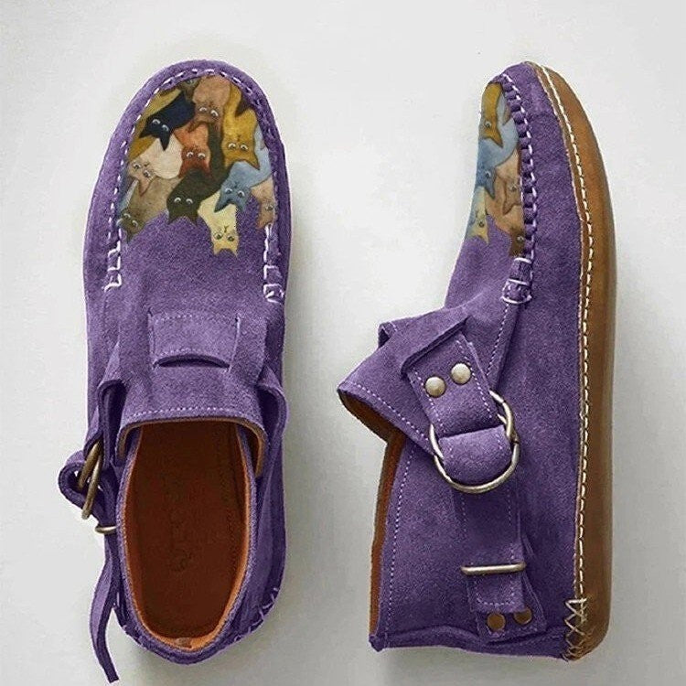Cat Print Faux Suede Moccasin Ankle Booties