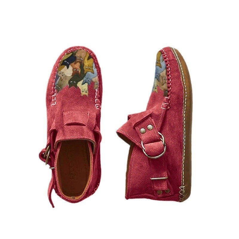 Cat Print Faux Suede Moccasin Ankle Booties