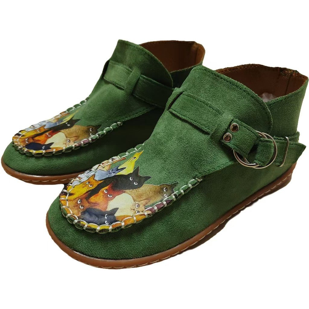 Cat Print Faux Suede Moccasin Ankle Booties