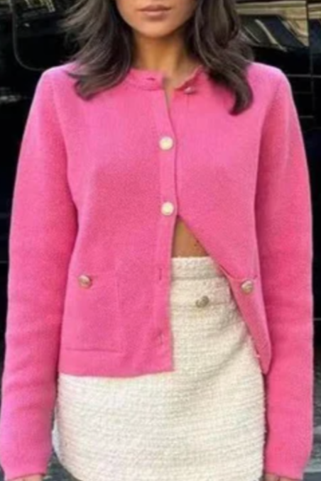 Patch Pocket Cropped Knit Cardigan - Fuchsia