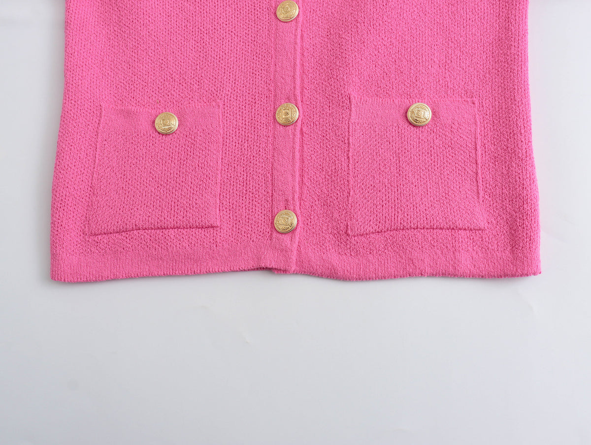 Patch Pocket Cropped Knit Cardigan - Fuchsia - 8