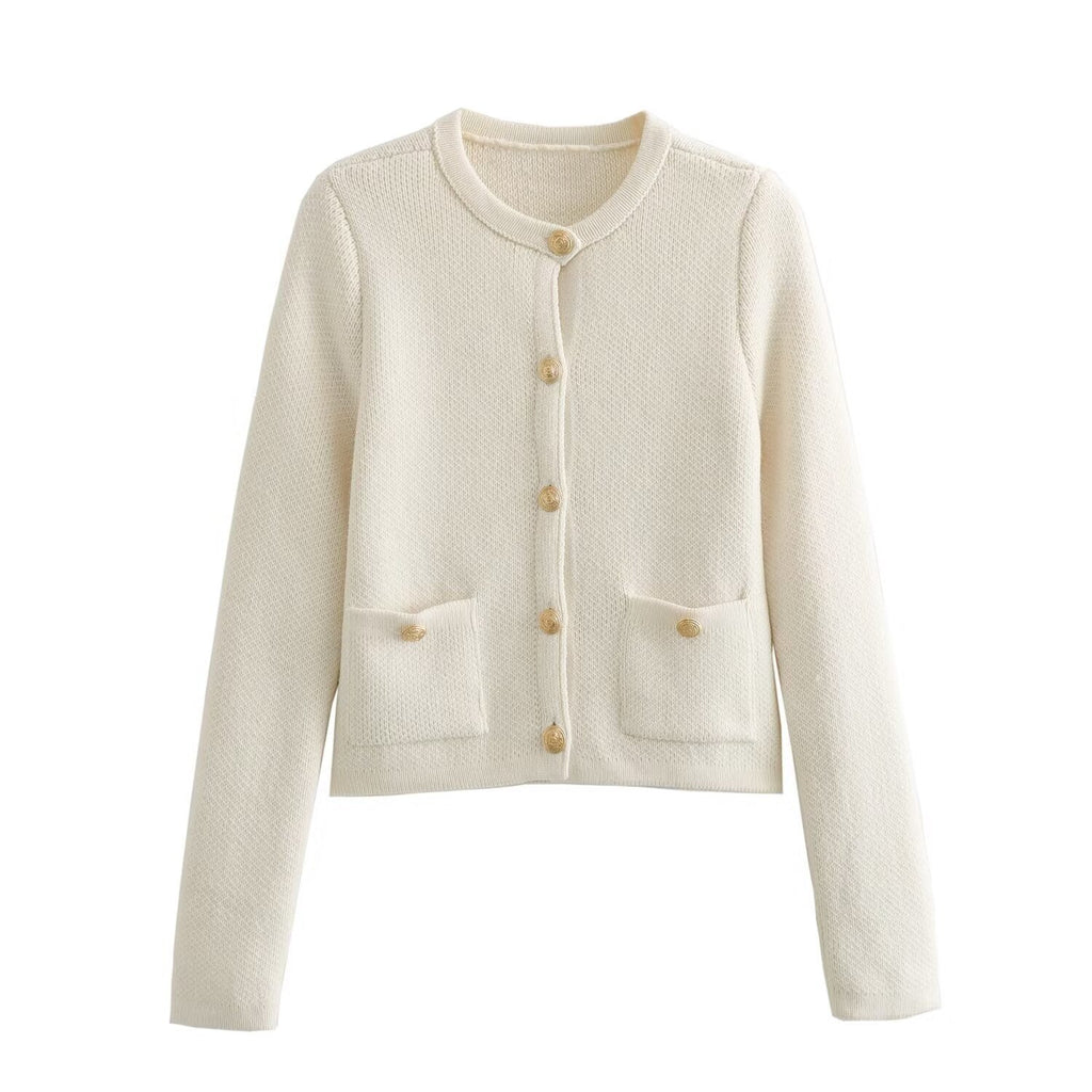 Patch Pocket Cropped Knit Cardigan - White