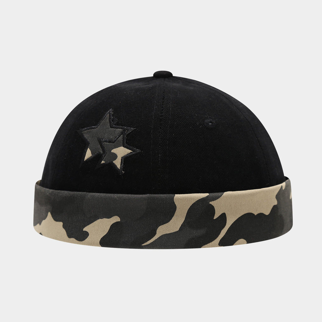 Washed Camo Cuff Star Applique Docker Hat - Black_01