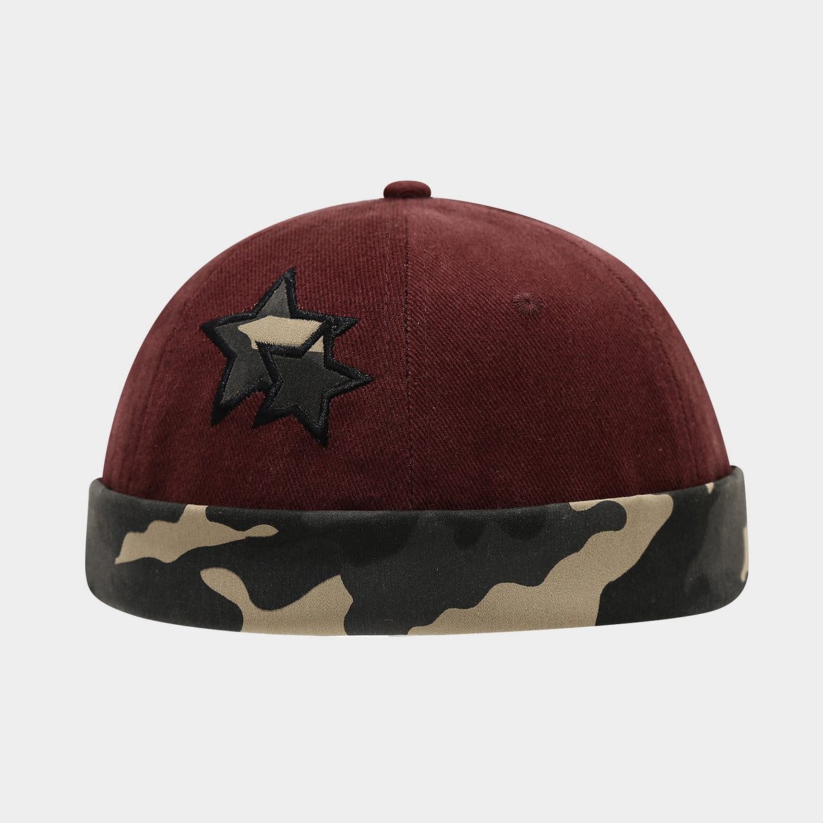 Washed Camo Cuff Star Applique Docker Hat - WineRed_01