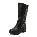 Buckle Strap Side Zip Moto Mid Calf Boots - Black