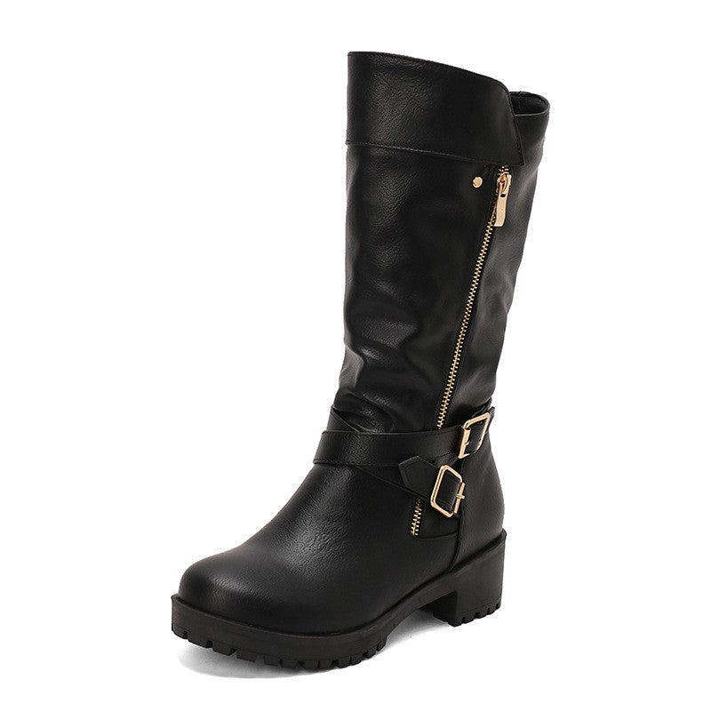 Buckle Strap Side Zip Moto Mid Calf Boots - Black