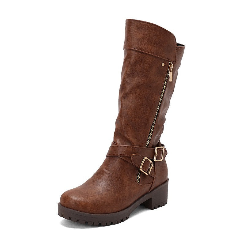 Buckle Strap Side Zip Moto Mid Calf Boots - Tan