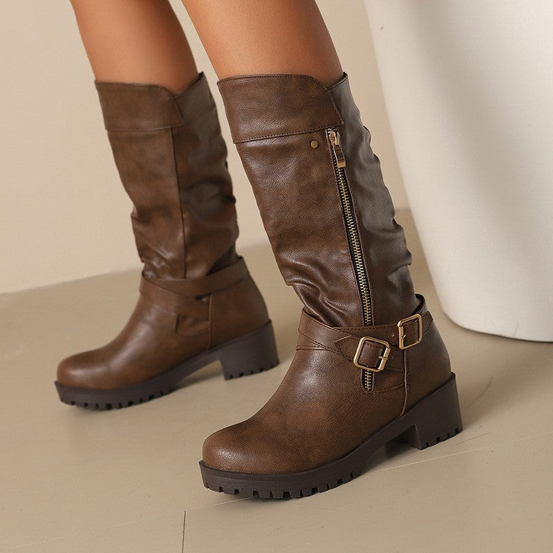 Buckle Strap Side Zip Moto Mid Calf Boots
