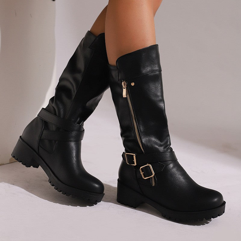 Buckle Strap Side Zip Moto Mid Calf Boots