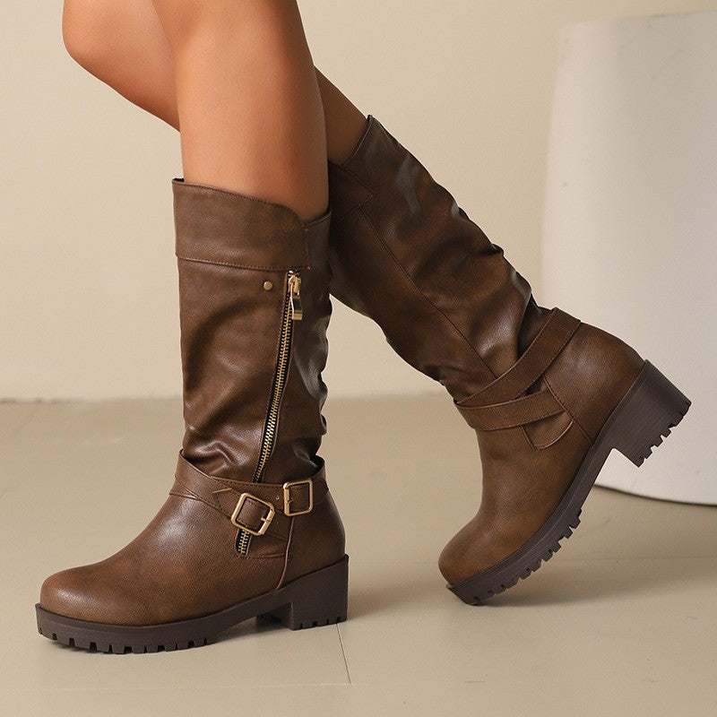 Buckle Strap Side Zip Moto Mid Calf Boots