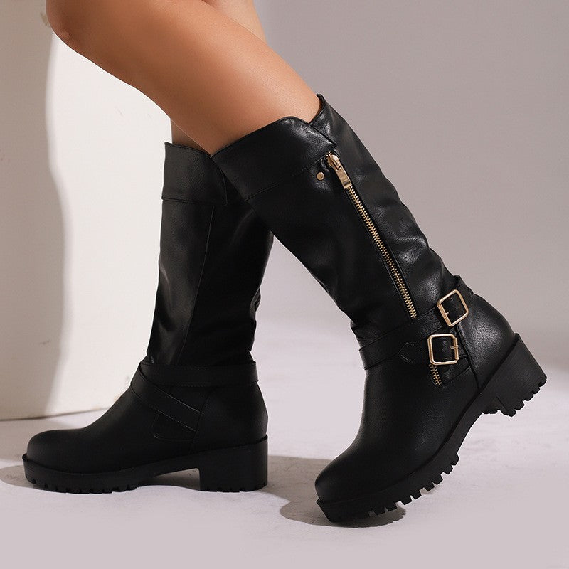 Buckle Strap Side Zip Moto Mid Calf Boots