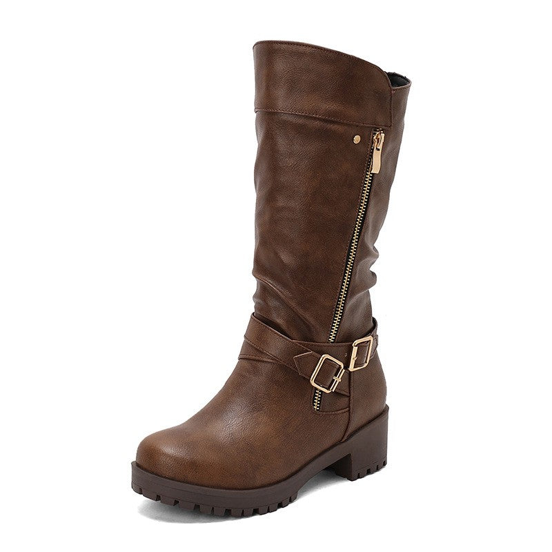 Buckle Strap Side Zip Moto Mid Calf Boots