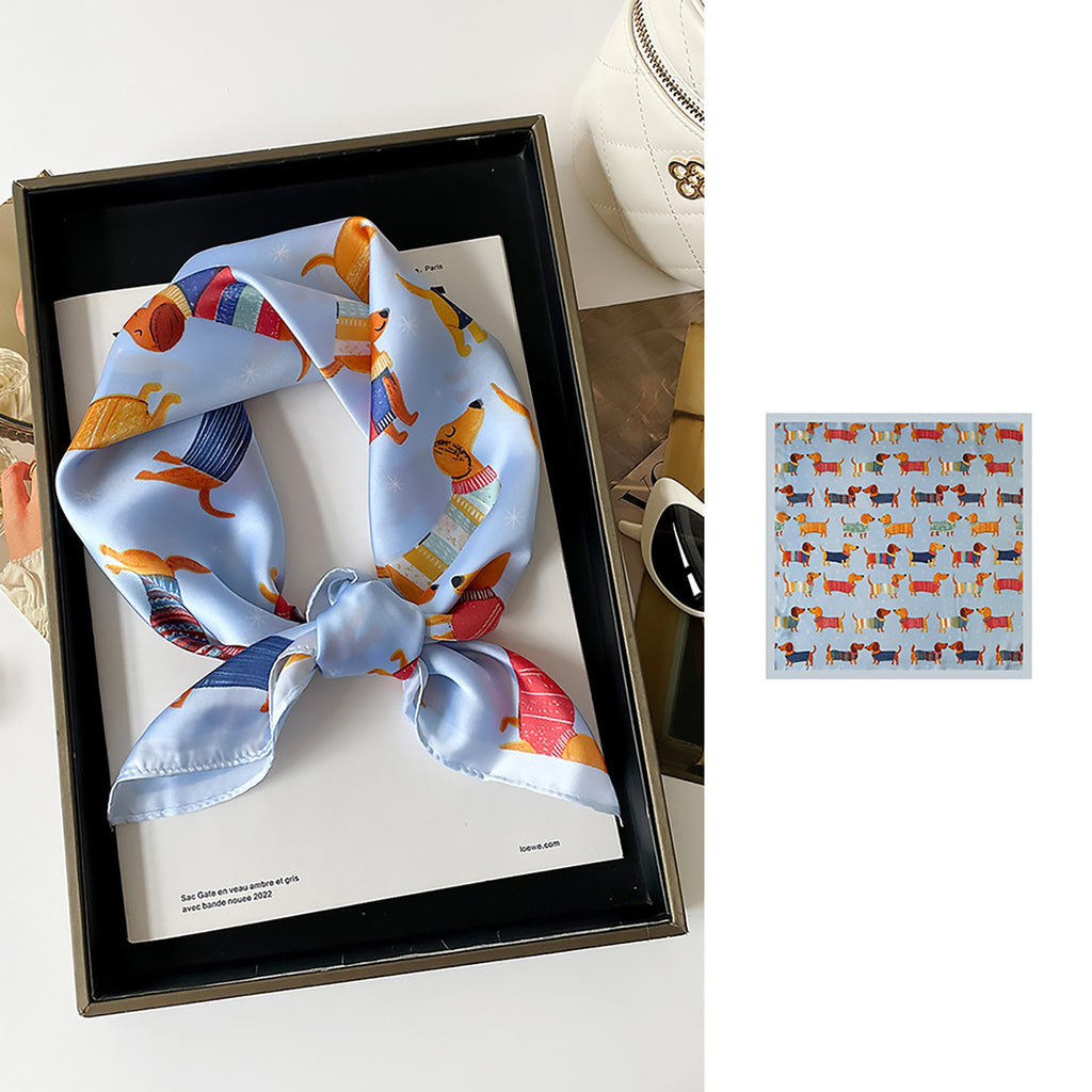 Silky Bandana Neck Scarf with Dachshund Pattern - Blue