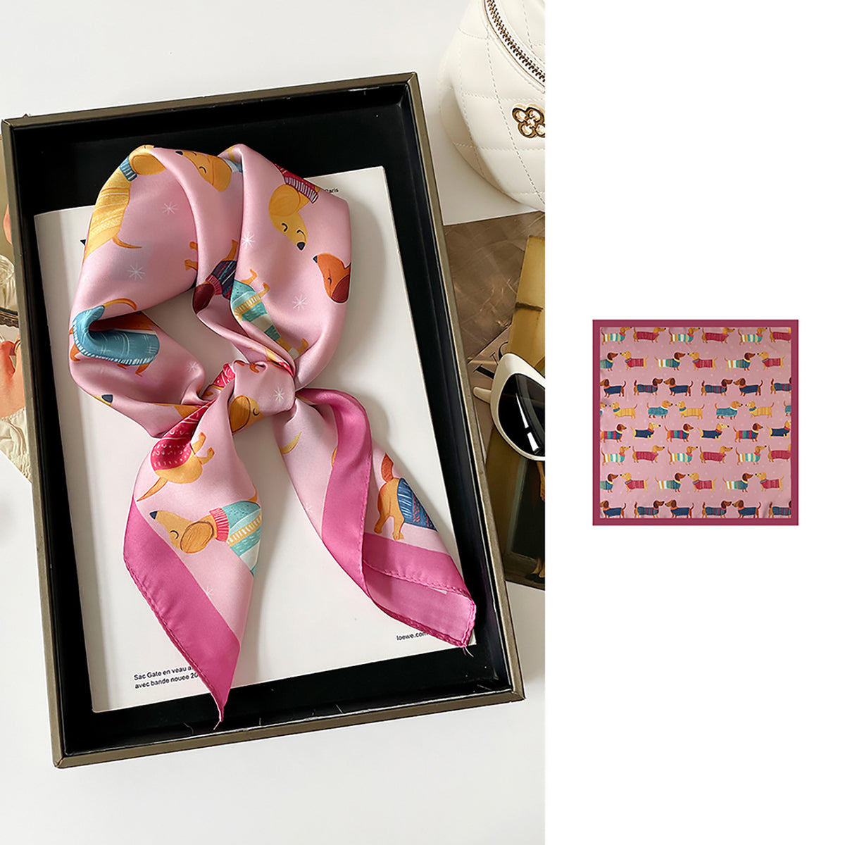 Silky Bandana Neck Scarf with Dachshund Pattern - Pink