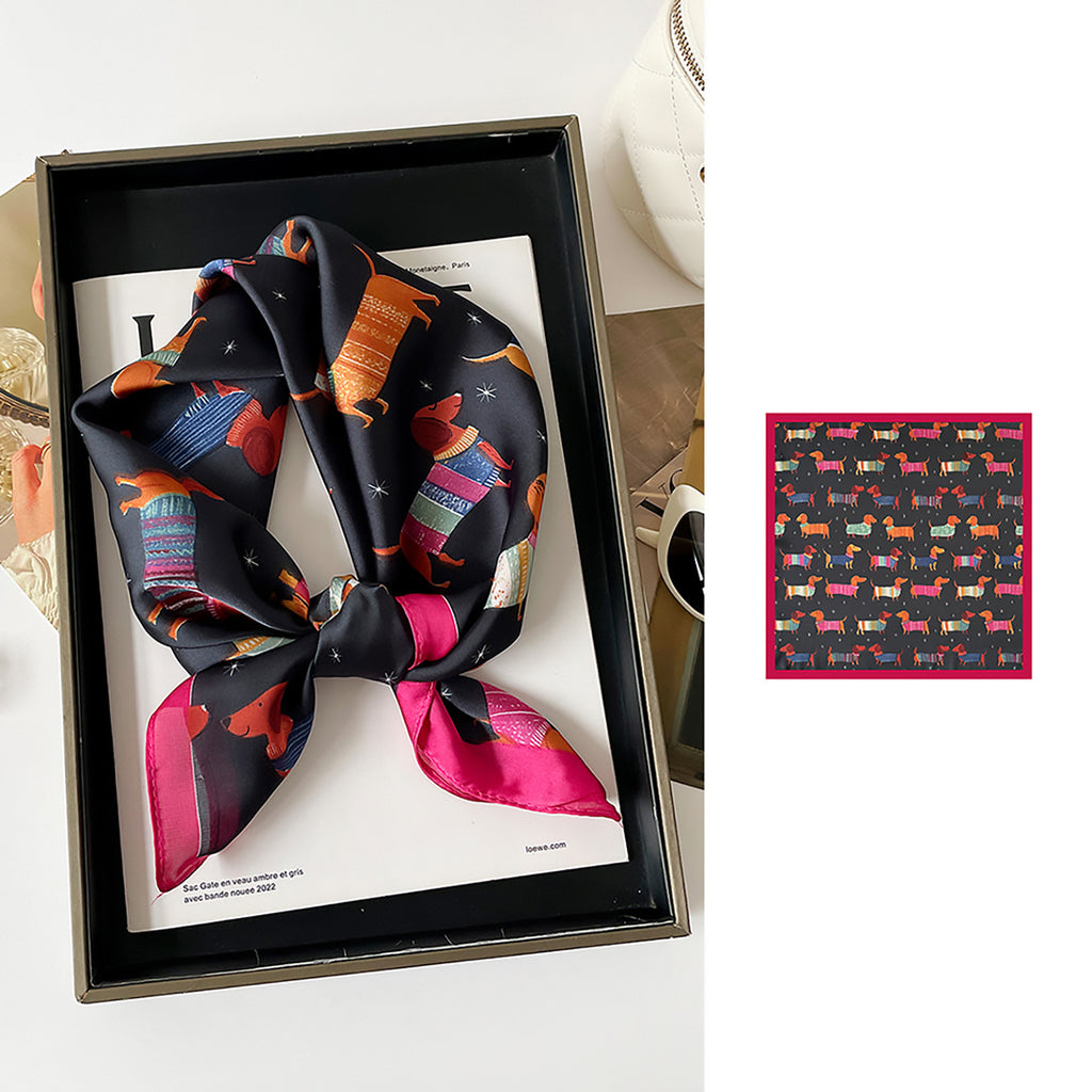 Silky Bandana Neck Scarf with Dachshund Pattern - Rose_Red