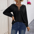 Lace Up V Neck Pullover Hoodie - Black