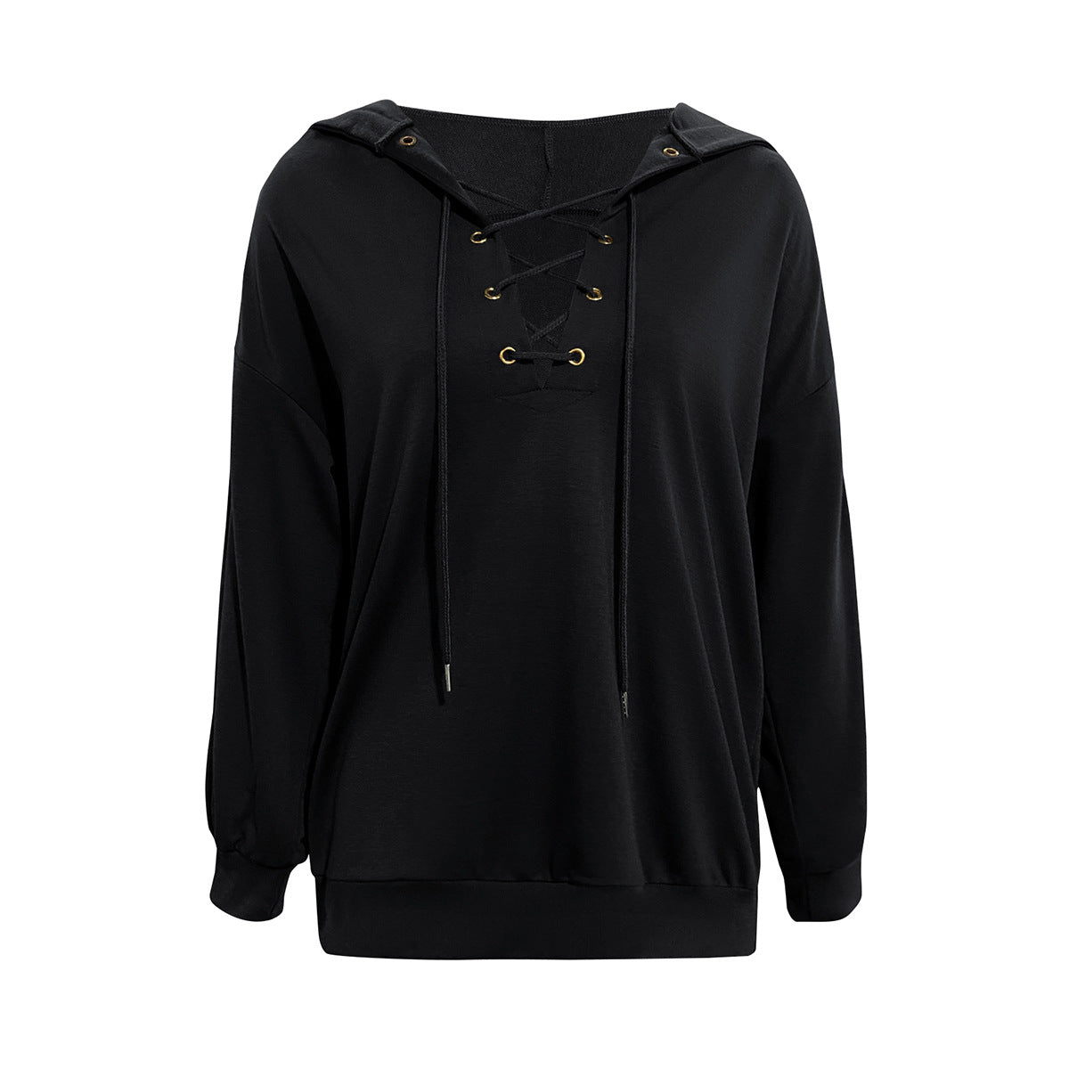 Lace Up V Neck Pullover Hoodie - Black - 1
