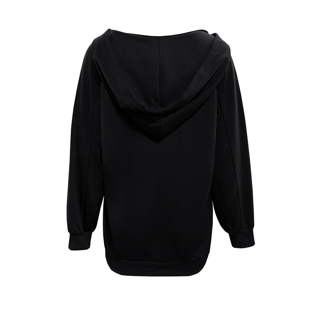Lace Up V Neck Pullover Hoodie - Black - 2