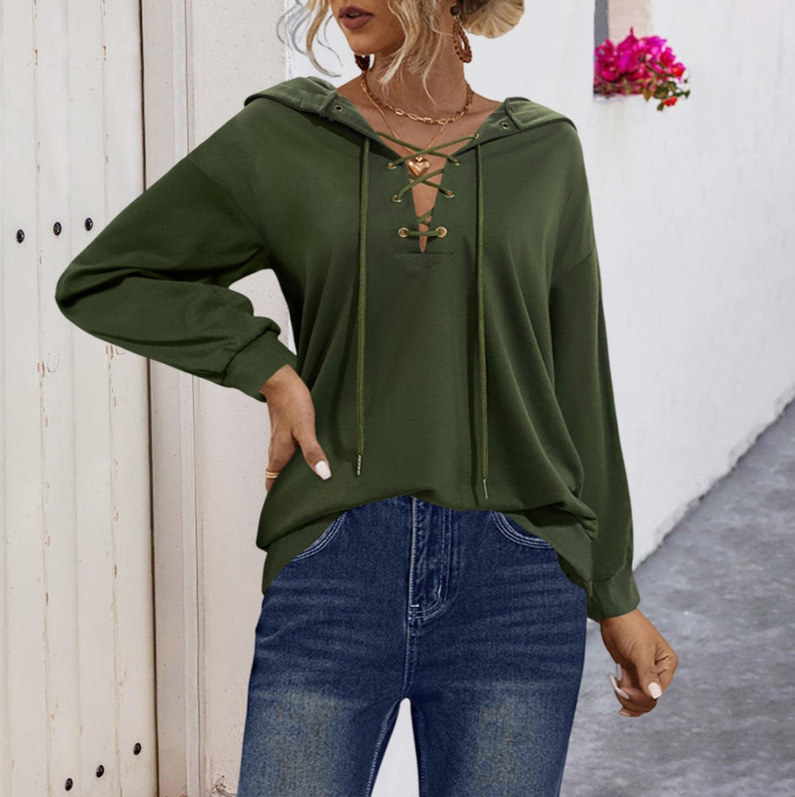 Lace Up V Neck Pullover Hoodie - Green