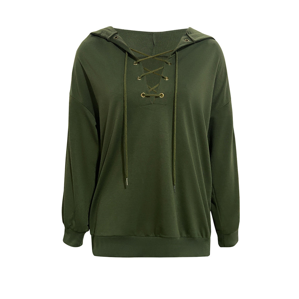 Lace Up V Neck Pullover Hoodie - Green - 1