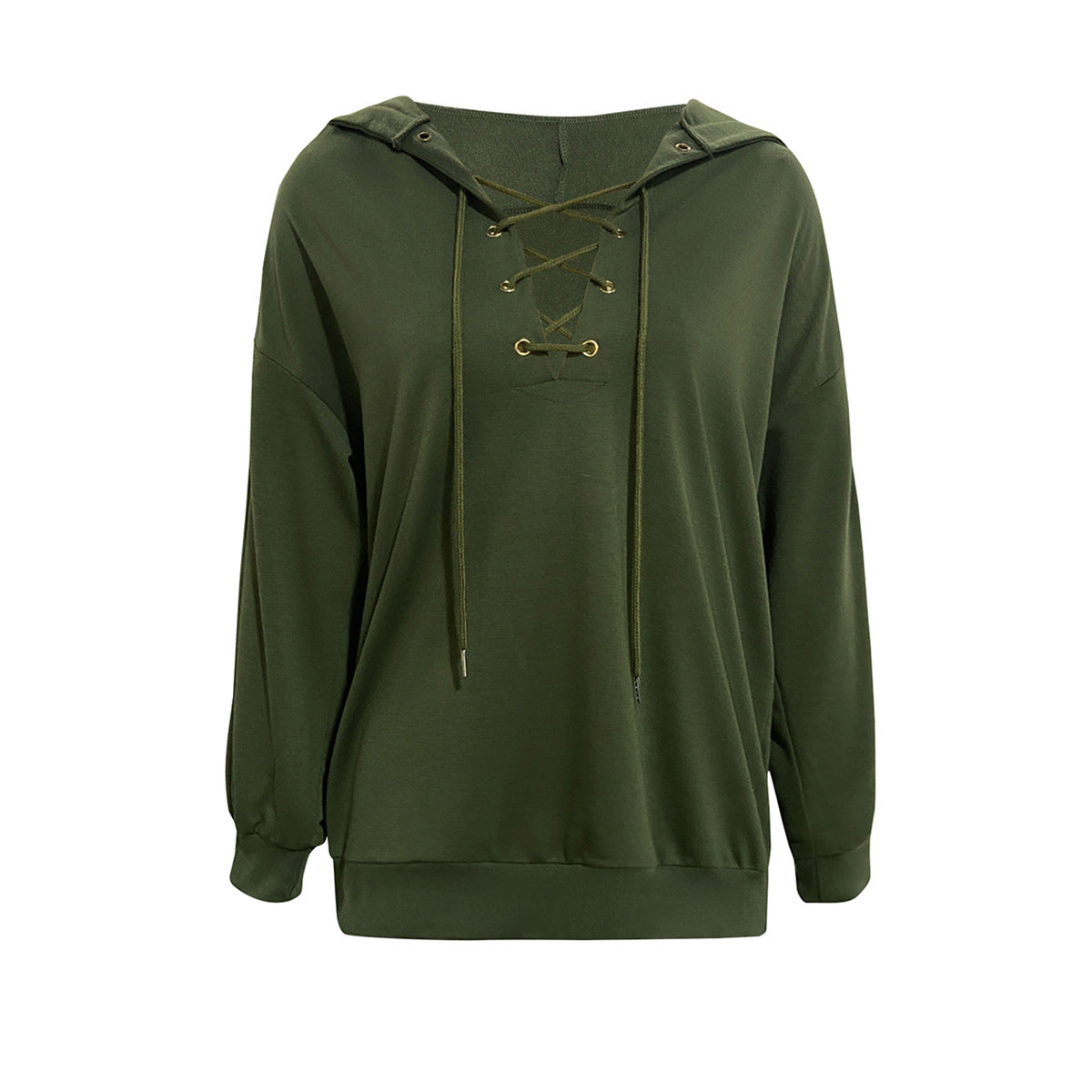 Lace Up V Neck Pullover Hoodie - Green - 1