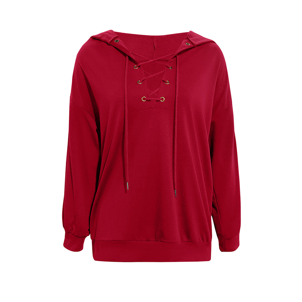 Lace Up V Neck Pullover Hoodie - Winered