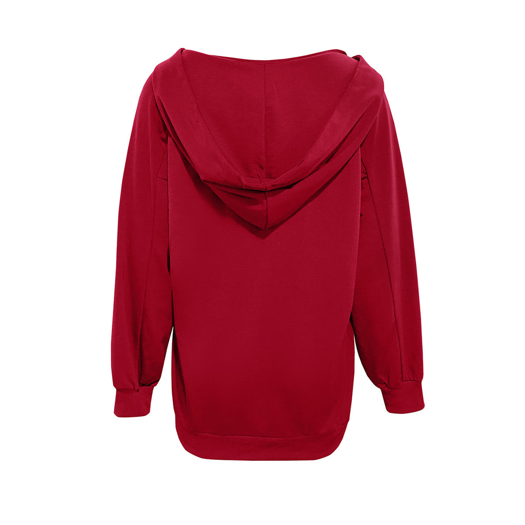 Lace Up V Neck Pullover Hoodie - Winered - 1