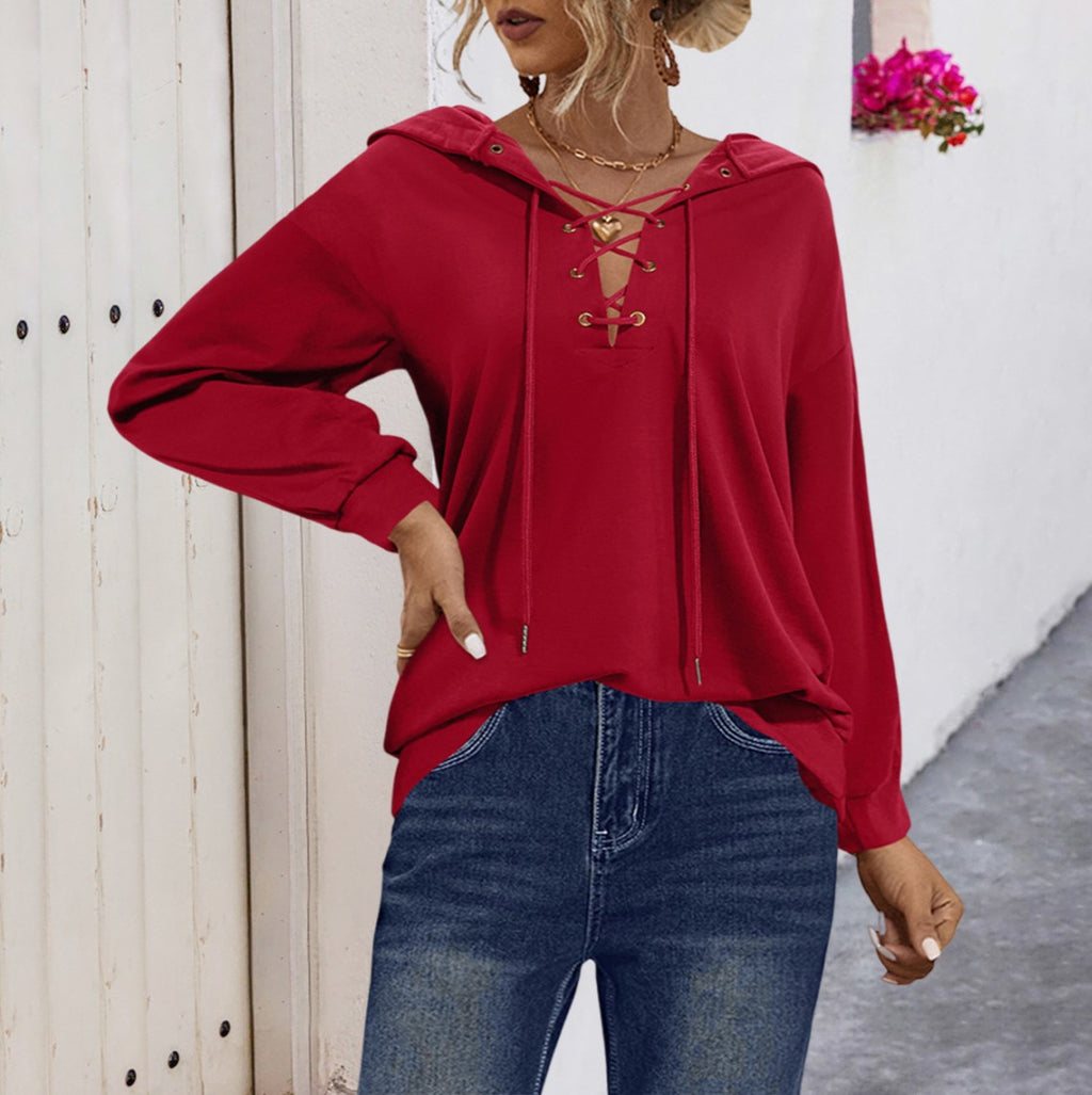 Lace Up V Neck Pullover Hoodie