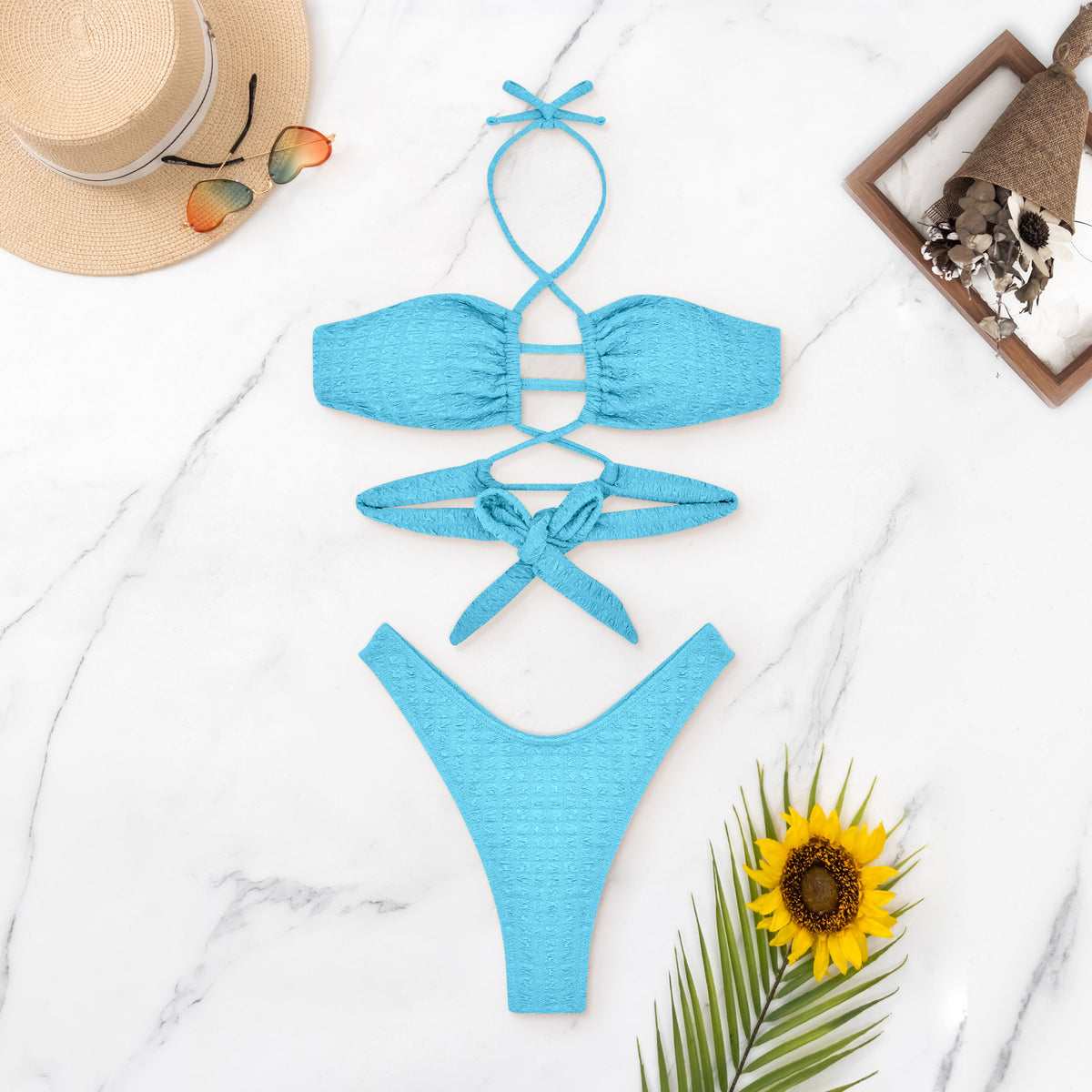 Crinkle Texture Keyhole Halter Bikini Set - Blue - 3