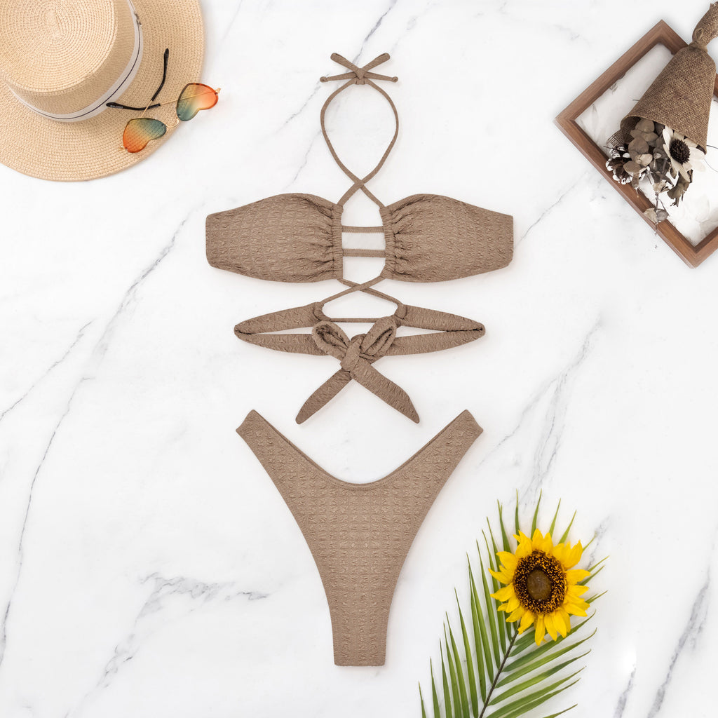 Crinkle Texture Keyhole Halter Bikini Set - Brown - 4