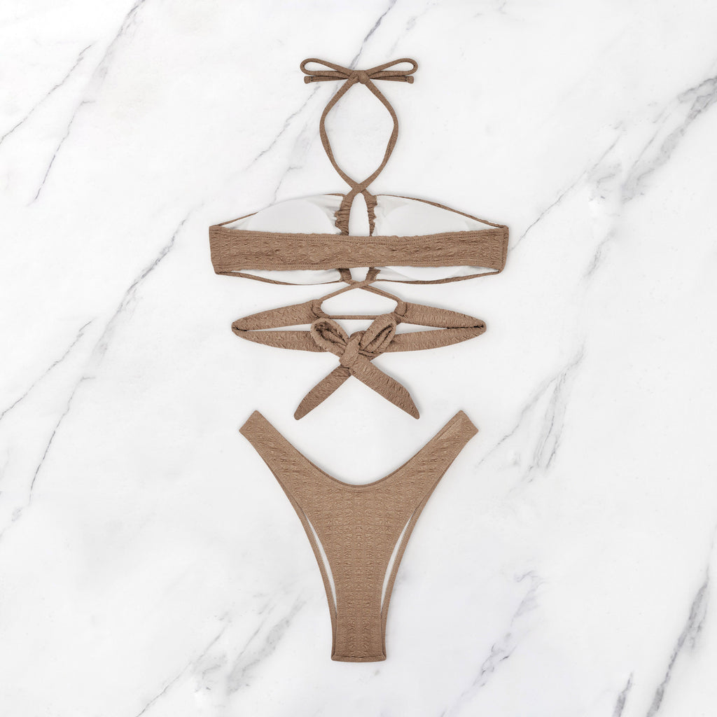Crinkle Texture Keyhole Halter Bikini Set - Brown - 5