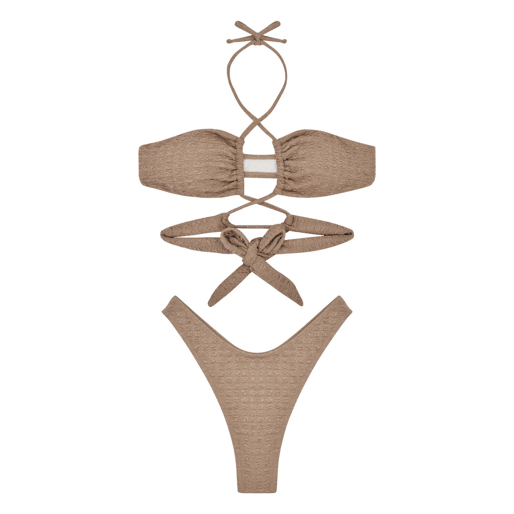 Crinkle Texture Keyhole Halter Bikini Set - Brown - 8