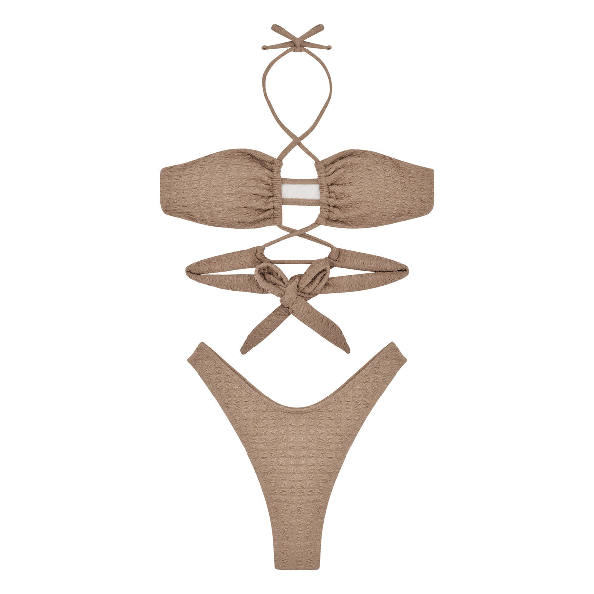 Crinkle Texture Keyhole Halter Bikini Set - Brown - 8