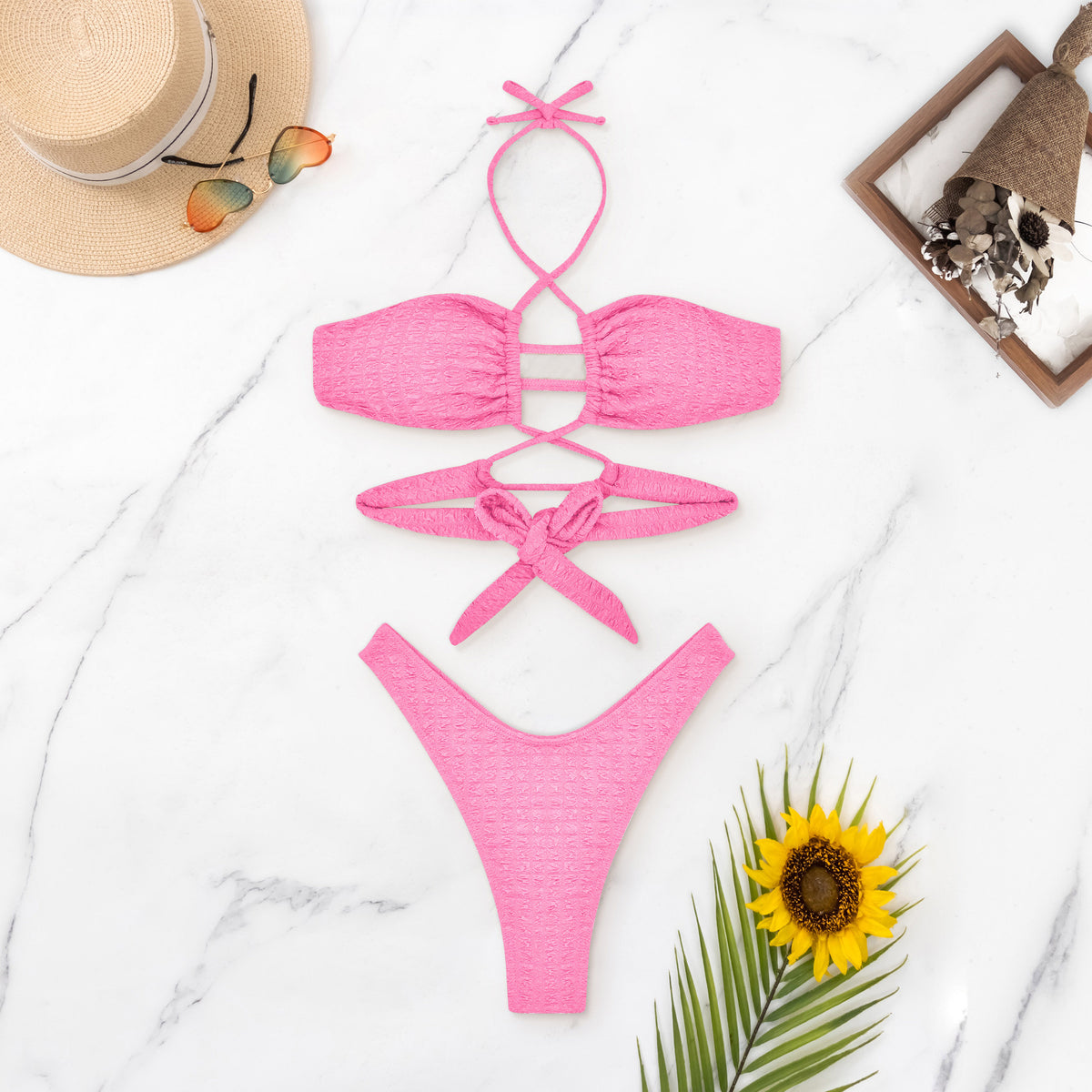 Crinkle Texture Keyhole Halter Bikini Set - Pink - 3