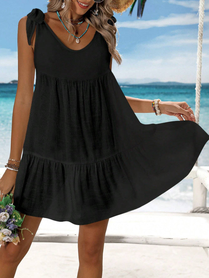Tie Shoulder Tiered Beach Mini Dress - Black