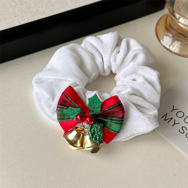 Christmas Sequin & Plaid Bow Hair Scrunchie - Bell_White