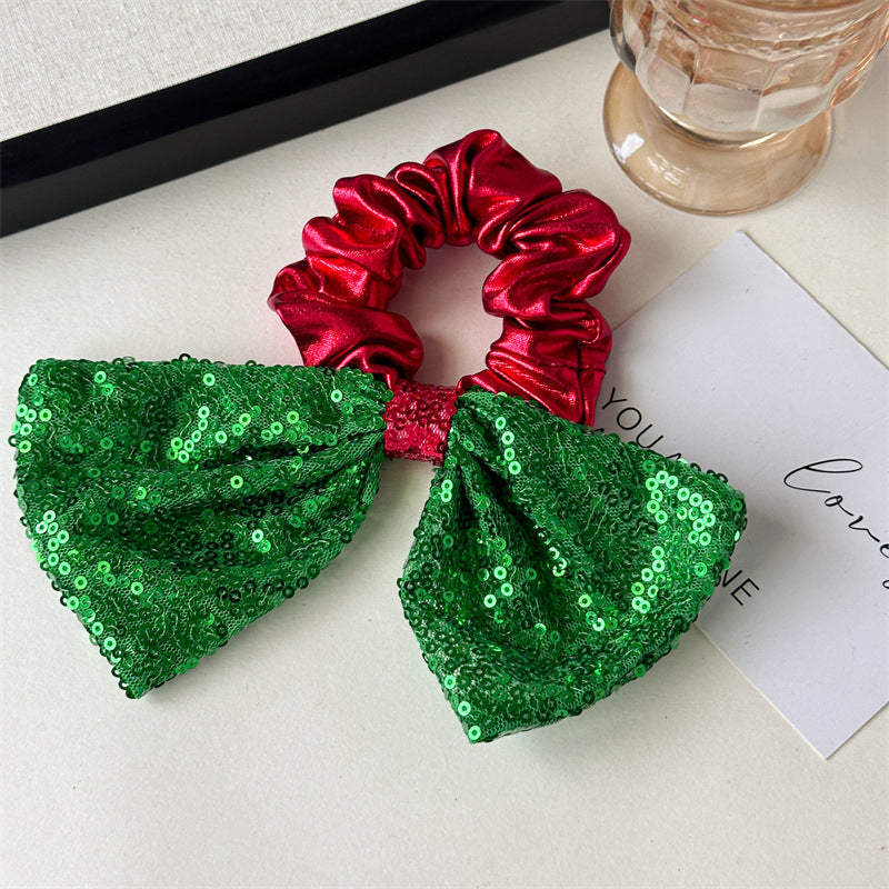 Christmas Sequin & Plaid Bow Hair Scrunchie - Green