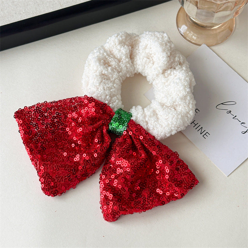 Christmas Sequin & Plaid Bow Hair Scrunchie - Red