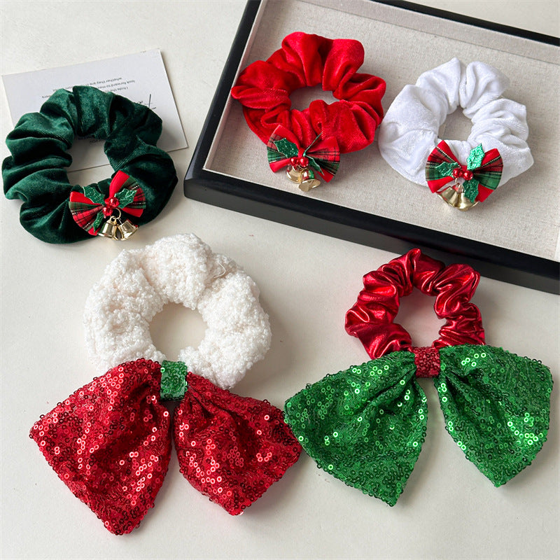 Christmas Sequin & Plaid Bow Hair Scrunchie