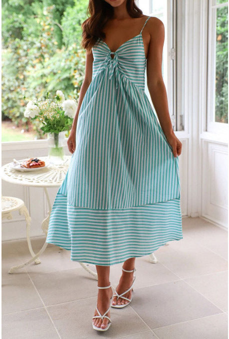 Twist Front Striped Cami Midi Dress - Cyan