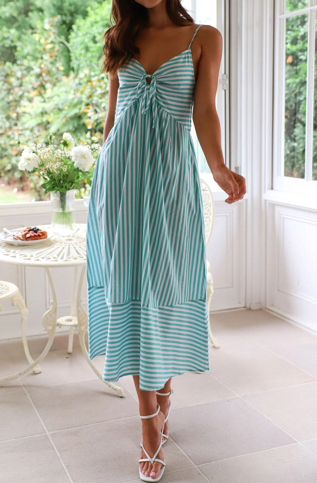 Twist Front Striped Cami Midi Dress - Cyan - 2