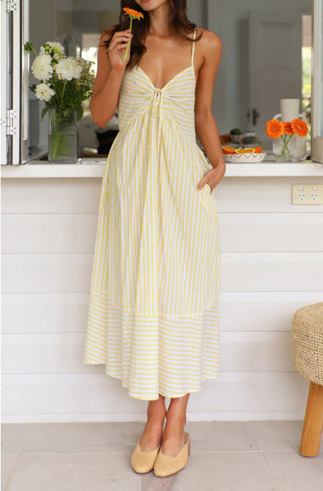 Twist Front Striped Cami Midi Dress - LightYellow