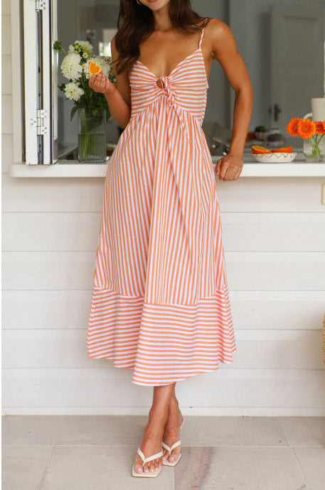 Twist Front Striped Cami Midi Dress - Pink